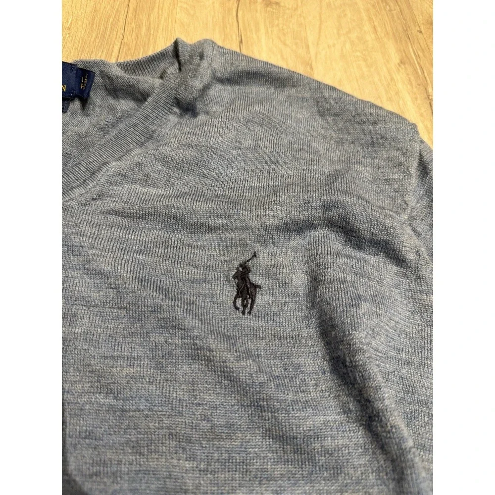 Polo Ralph Lauren Men's L Gray 100% Merino Wool V-Neck Pullover Logo Sweater